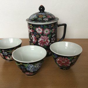 Vintage Chinese porcelain black Noire millefleur Tea Mug and 3 cups lot floral